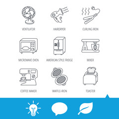 Microwave oven, hair dryer and blender icons. Refrigerator fridge, coffee maker and toaster linear signs. Ventilator, curling iron and waffle-iron icons. Light bulb, speech bubble and leaf web icons
