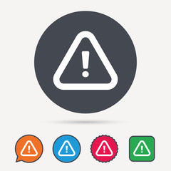 Warning icon. Attention exclamation mark symbol. Circle, speech bubble and star buttons. Flat web icons. Vector