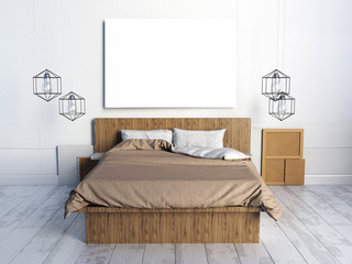 Mock up posters in bedroom interior. Bedroom hipster style. 3d illustration