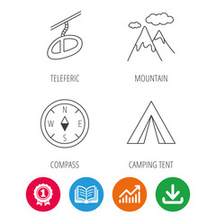 Mountain and teleferic icons. Compass linear sign. Award medal, growth chart and opened book web icons. Download arrow. Vector
