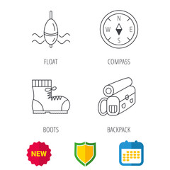 Compass, fishing float and hiking boots icons. Backpack linear sign. Shield protection, calendar and new tag web icons. Vector