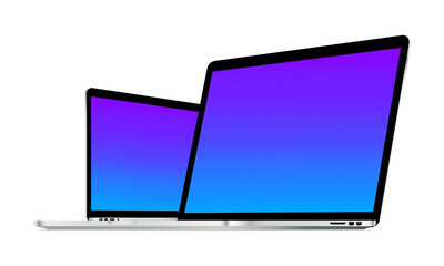 Laptop mockup with colourful blue-violet screen isolated on white background. Can be used in presentation advertising or landing pages. Vector illustration