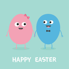 Happy Easter Painting Egg couple family looking on each other. Smiling face. Bow tie. Cute cartoon character set holding hands. Boy girl Friends forever Love Greeting card Flat design Blue background.