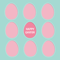 Happy Easter text. Painted egg frame set Window template. Dash line contour. Greeting card. Blue background. Flat design.