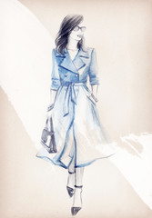 Woman in coat. Street fashion style. Hand drawing illustration. Watercolor painting