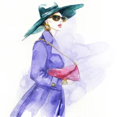 Photo sur Plexiglas Visage aquarelle Woman in coat. Street fashion style. Hand drawing illustration. Watercolor painting