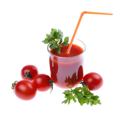 glass full of freshly prepared tomato juice isolated on white background