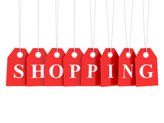 Shopping text on red hanging labels 3D render