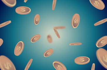 Gold coins falling retro background isolated on light in different positions. Festive golden shining money shower turquoise backdrop.