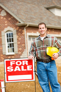 Construction: Builder Stands By Sale Sign