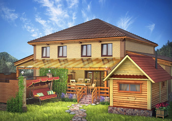 Fototapeta na wymiar Yellow brick house with an area and garden. 3D illustration