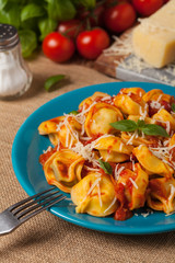 Delicious tortellini with meat in tomato sauce.