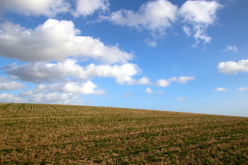 Fototapeta na wymiar Hilly terrain with blue sky and clouds in March