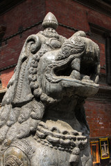 Fototapeta na wymiar Close up Lion statue, Basantapur Durbar, Kathmandu Valley, Nepal