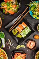 Asian food table with various kind of chinese food