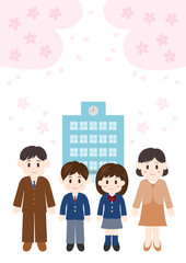 桜と校舎と高校生の親子のイラスト: 入学式のイメージ