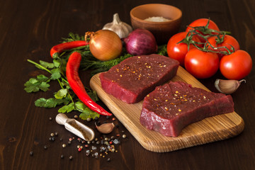raw beef steak with ingredients for cooking