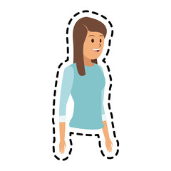 happy brunette woman with baby blue sweater icon image vector illustration design 