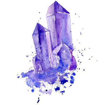 Watercolor purple crystal amethyst cluster hand drawn painting illustration isolated on white background tanzanit gem stones for design fashion advertising, geological logo, scrapbook, jewelry store