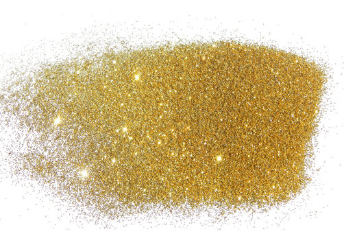 Golden glitter sparkles on white background. Can be used as place for text, for greeting or invitation cards, fashion magazines, web sites etc.    