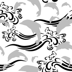 Seamless pattern of dolphins and waves. Graphic vector. Wallpaper.