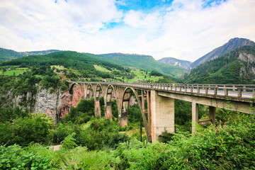 Concrete arch Durdevica Bridge over Tara River Canyon, mountain valley and forest landscape in Durmitor National Park, Montenegro.
