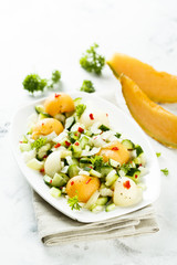 Melon salad with celery, chili and cucumber