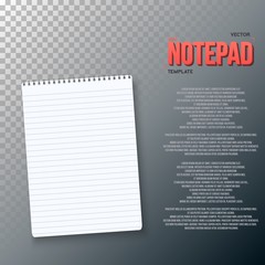Illustration of Photorealistic Paper Notebook Template. Vector Notepad Isolated on Transparent Background