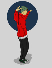 A guy in a green hat and red hoody dancing on a gray background eps 8 illustration