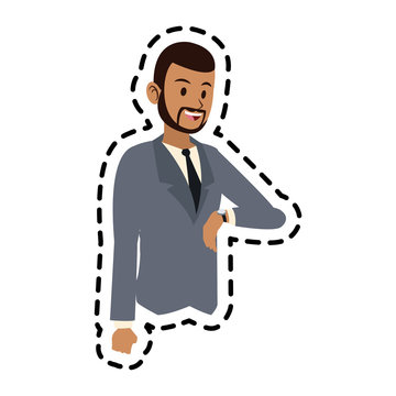 happy young bearded businessman checking the time icon image vector illustration design 