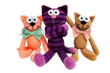 Knitted toys - striped embraced cats..