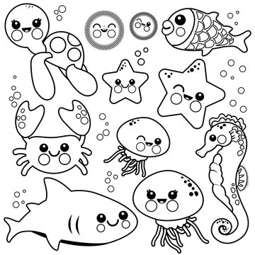 Sea animals. Vector black and white coloring page.