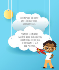 African American boy with glasses and toy plane. Boy playing with airplane. Vector Paper art of cloud and plane in the sky. Template advertising brochure with space for text. Origami concept Banner.