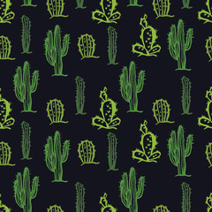 Cactus seamless pattern Black background