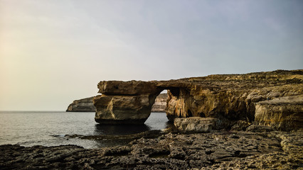 Sea view to Azure window natural arch, now vanished, Gozo island Malta
