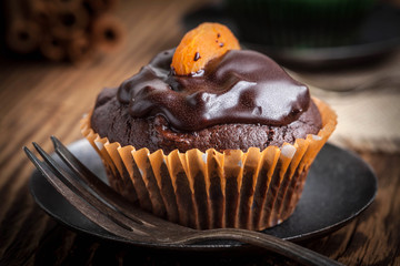 Freshly baked chocolate muffins.
