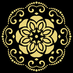 Oriental round golden pattern with arabesques and floral elements. Traditional classic ornament