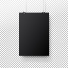Black poster hanging on binder. Transparent background with mock up empty paper blank. Layout mockup. Vertical template sheet
