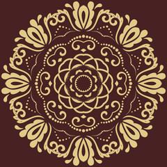Oriental round pattern with golden arabesques and floral elements. Traditional classic ornament
