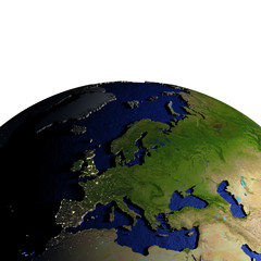 Europe on model of Earth with embossed land