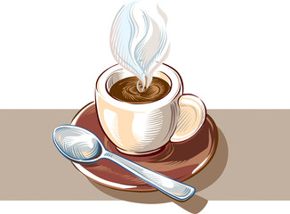 Cup of steaming coffee, on a brown background.