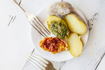 Canarian potatoes ,papas arrugadas with mojo, hot sauce. Spanish food