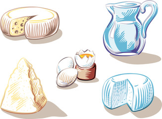 Cheese, hard boiled eggs and a jug of milk.