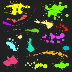 Vector set of ink splashes blots splatter collection grunge design element and art messy backdrop color dirty liquid shape spatter graphic silhouette illustration