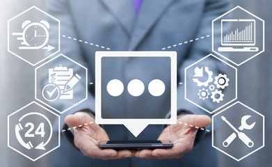 Repair service center concept. Repairer offers smart phone with speech bubble icon on virtual screen. Call diagnosis and technical repairs. Maintenance, fix malfunctions. Dialog with customer.