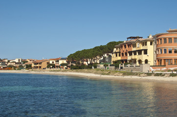 Fototapeta na wymiar Small italian town by the sea, Golfo Aranci, Sardinia