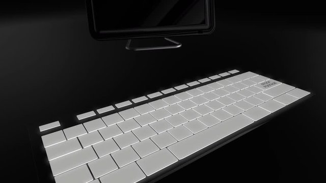 Seamless looping 3D animation of a computer keyboard with a stock footage key pressed green and dark version 