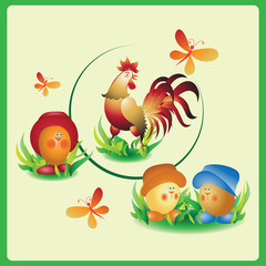Cock. Funny chicken eggs. The composition, the frame with the spring grass. Design for farmers, agricultural products. Vector image.