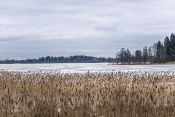 A peaceful winter landscape with a frozen lake in overcast day