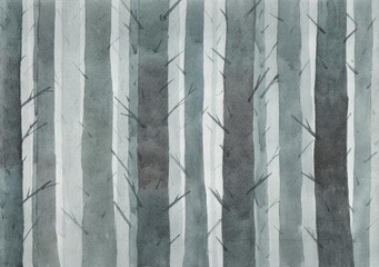 Foggy forest at night. Watercolor illustration. Grim landscape.